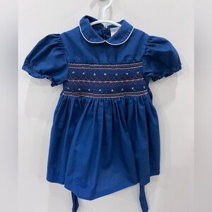 Vintage 2T Smocked Dress Navy Blue Puff Sleeve Peter Pan Collar